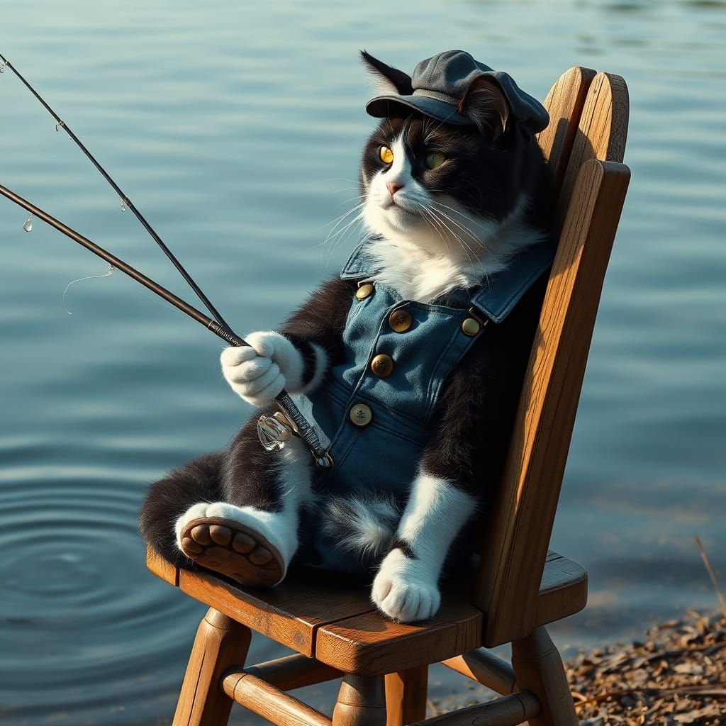 Majestic Black Cat Fisherman in Serene Lakeshore Scene
