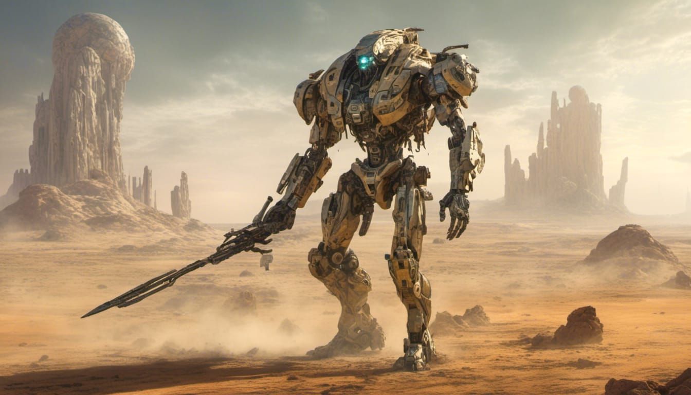 Cyberpunk Cyborg Scavenger in Desert Wasteland