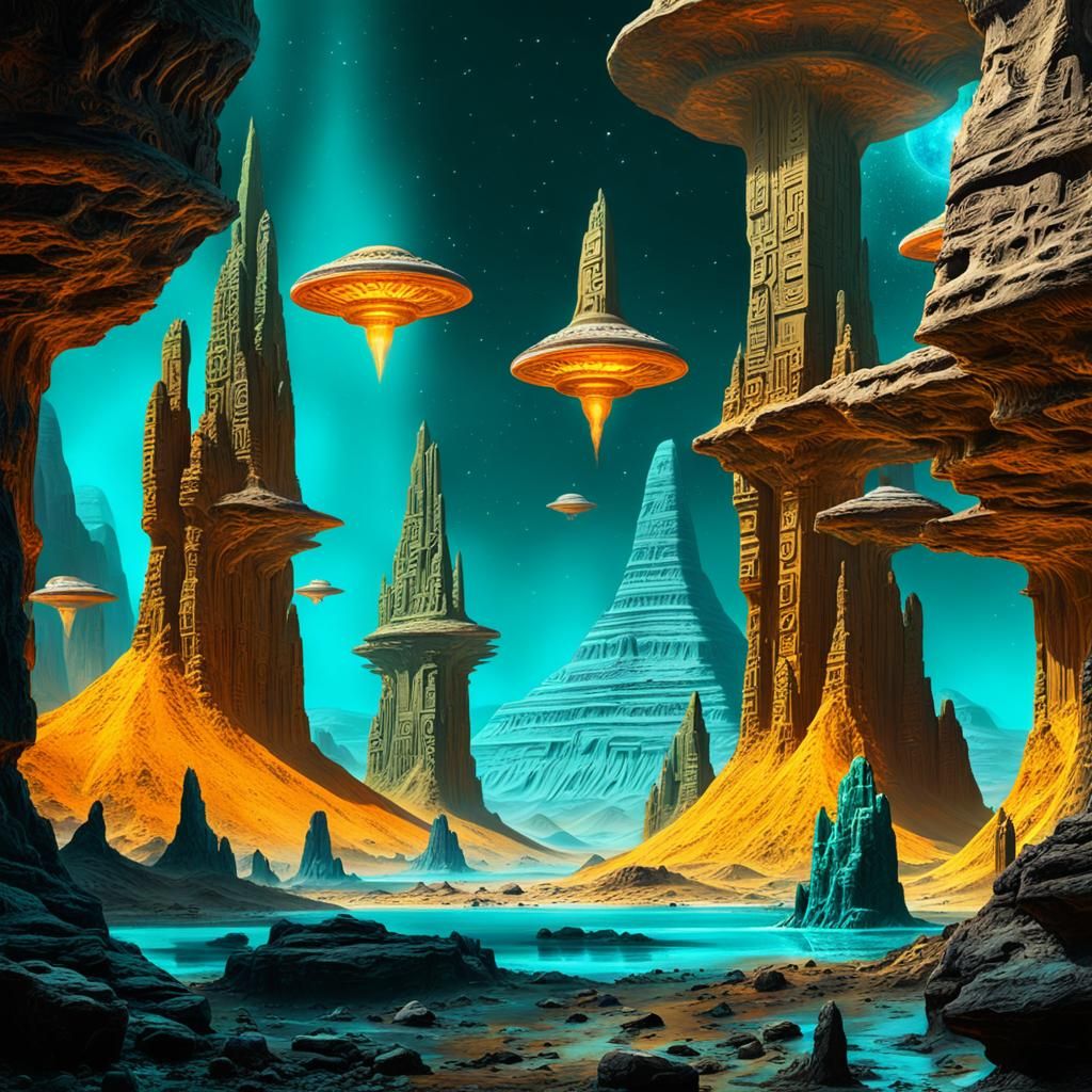 Spaceships Invade Alien World with Hieroglyphs