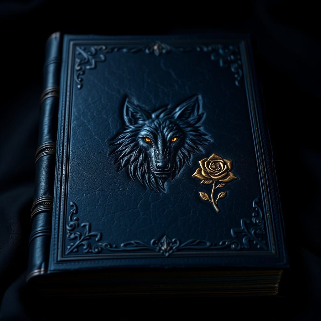 Mystical Dark Fantasy Tome with Intricate Wolf and Rose Embl...