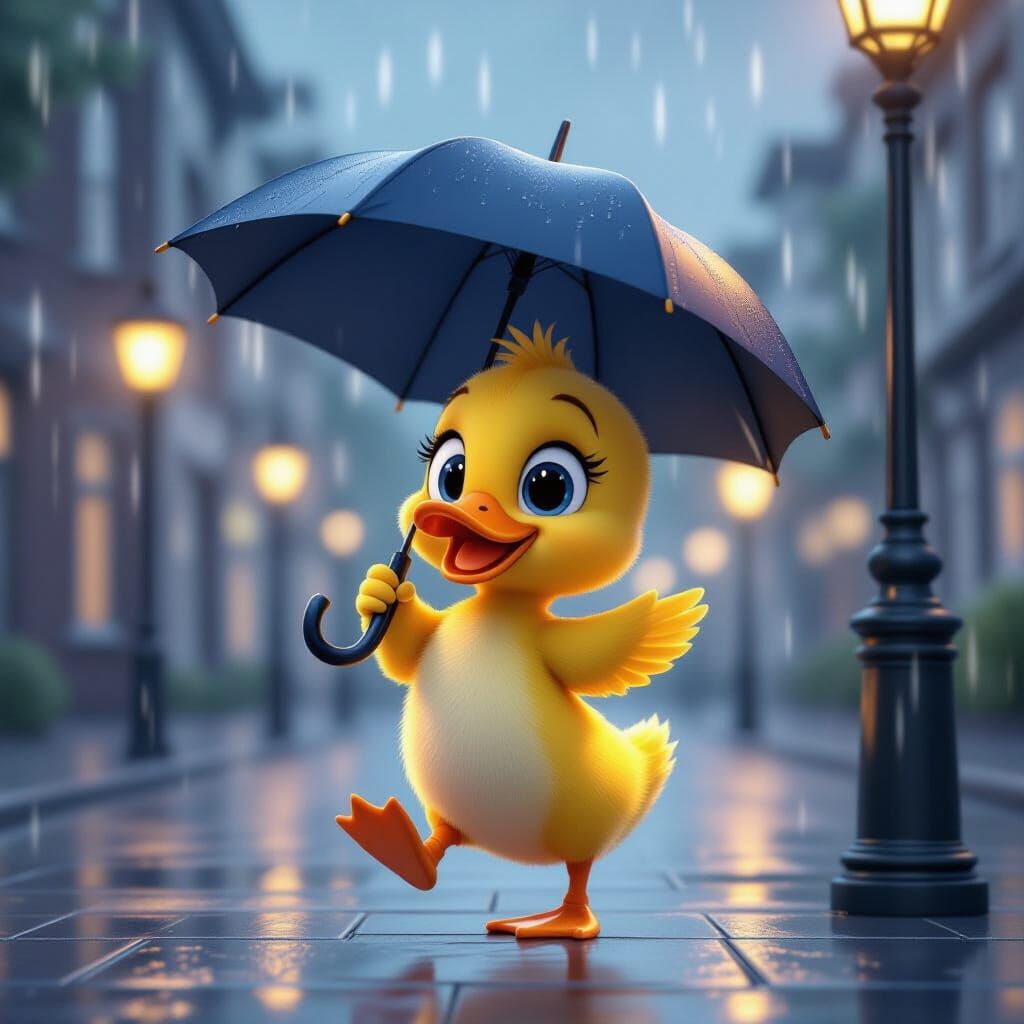 Dancing Duckling in Rainy Pixar-Style Scene