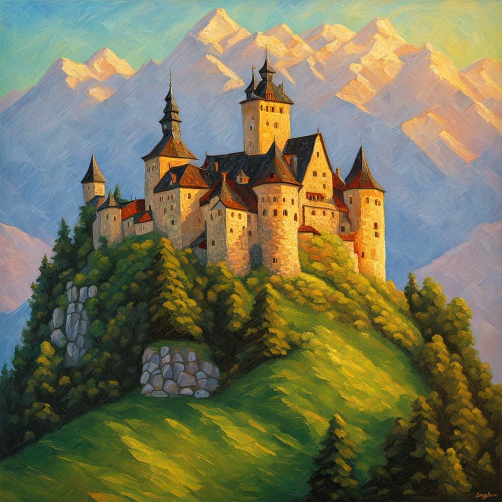 Impasto Oil Painting of Bavarian Castle at Golden Hour