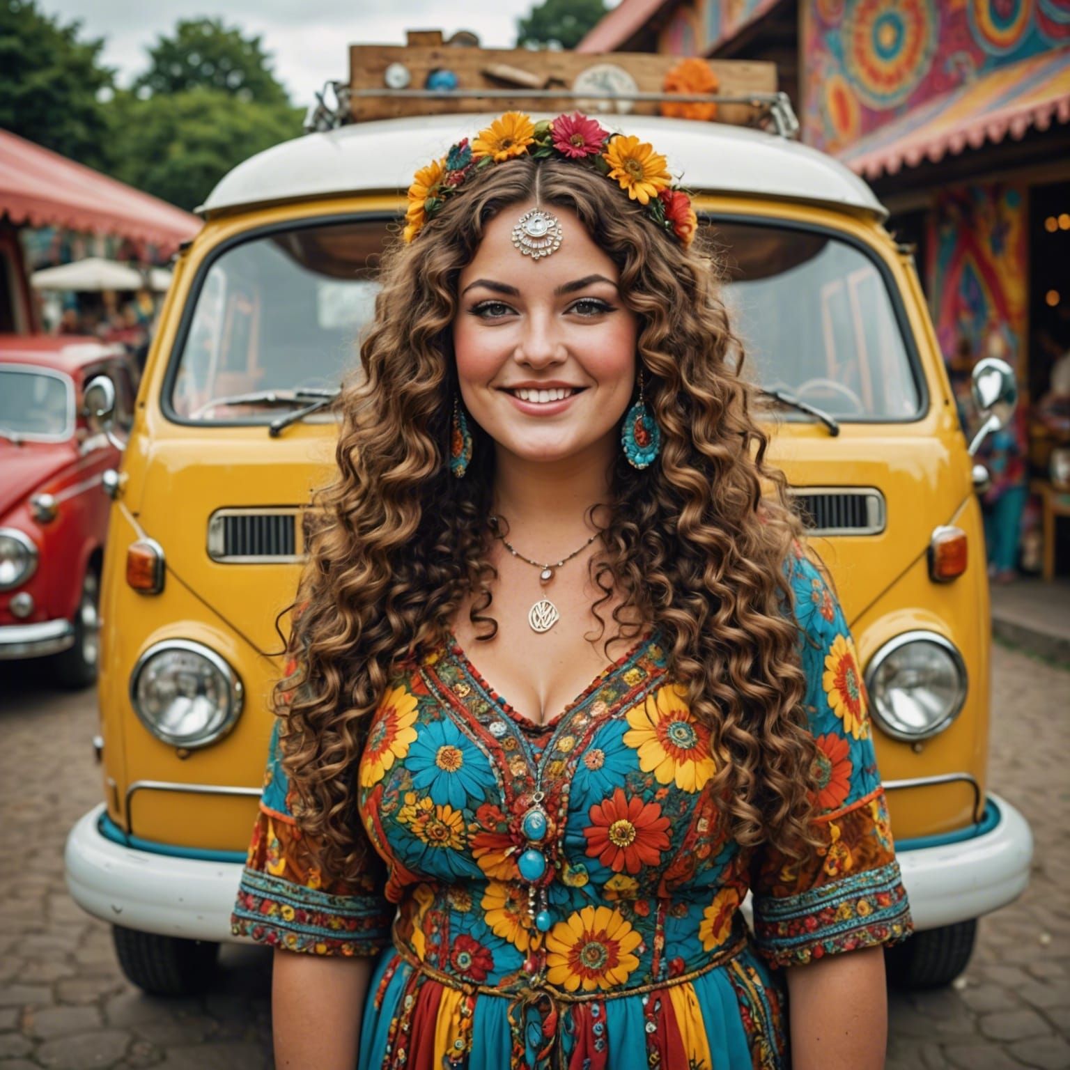 Attractive Curvy Woman in 1960s Hippie Style