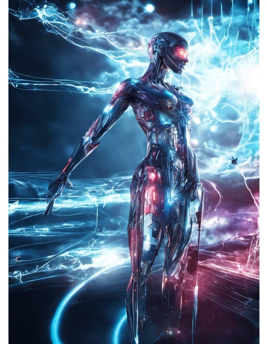 Liquid Cyberpunk Cyborg in Sublimation Forest