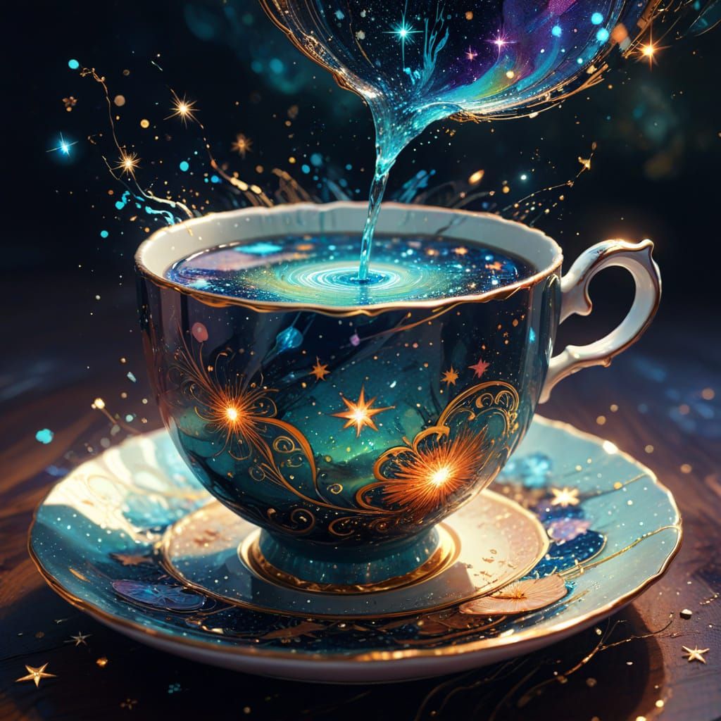 Celestial Teacup Pouring Starry Galaxies
