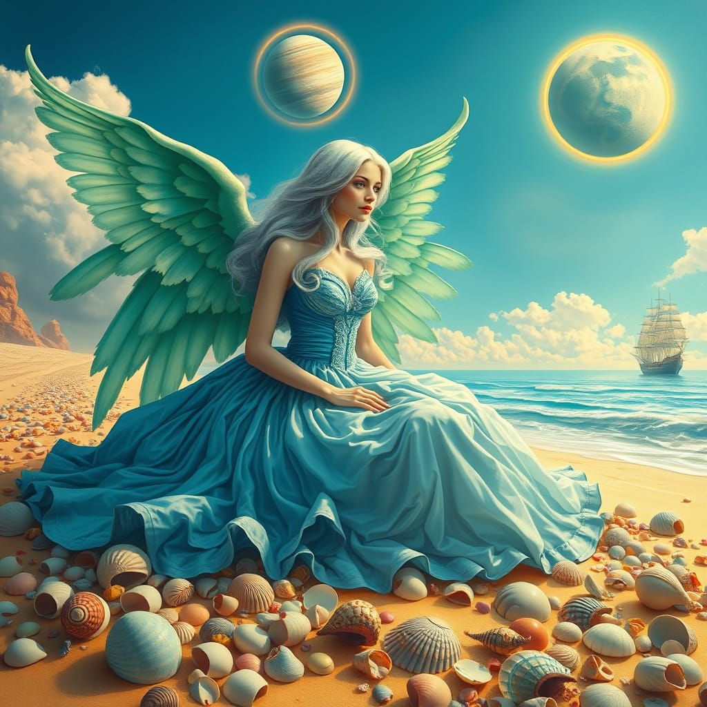 Ethereal Angel Bride Sits on Dreamy Beach