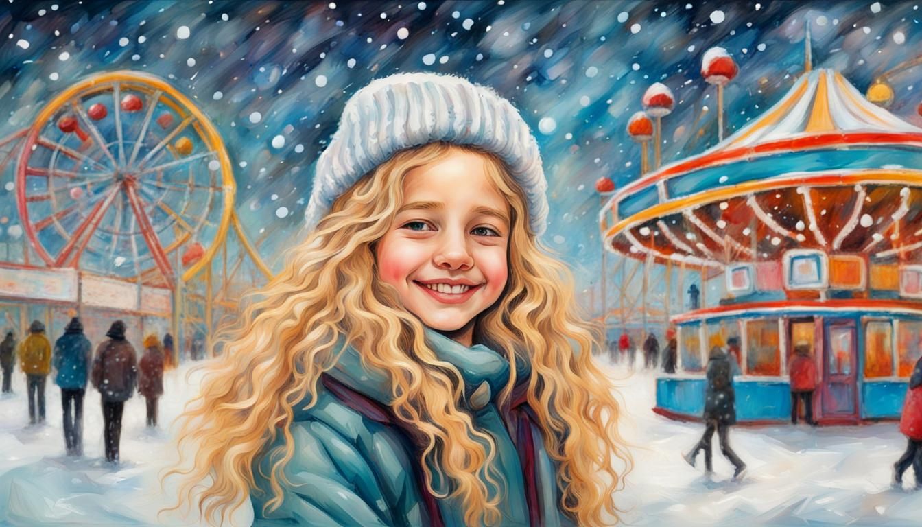 Happy Girl in Winter Amusement Park
