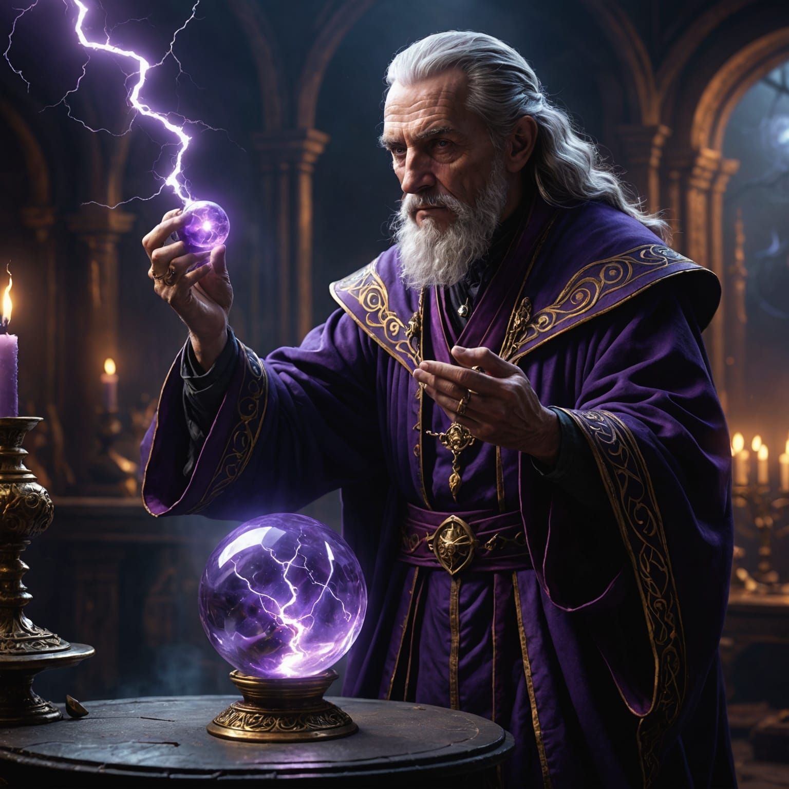 Alchemist and Crystal Ball in Mystical Lightning