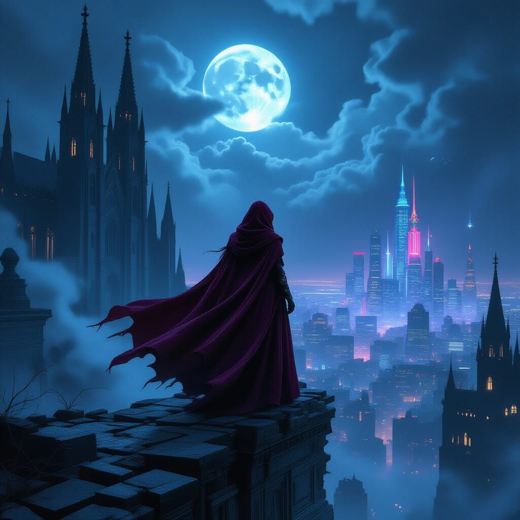 Cyberpunk Sorceress Overlooks Neon Cityscape