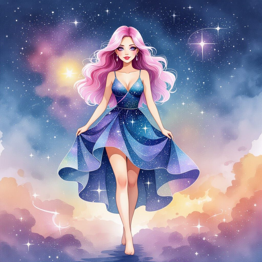 Woman in Star Dress Walking Through Galaxy, Watercolor Style
