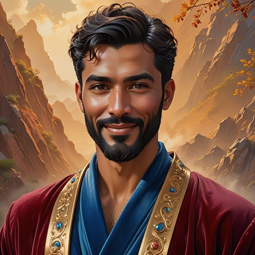 Joyful Young Man in Burgundy Velvet Robe