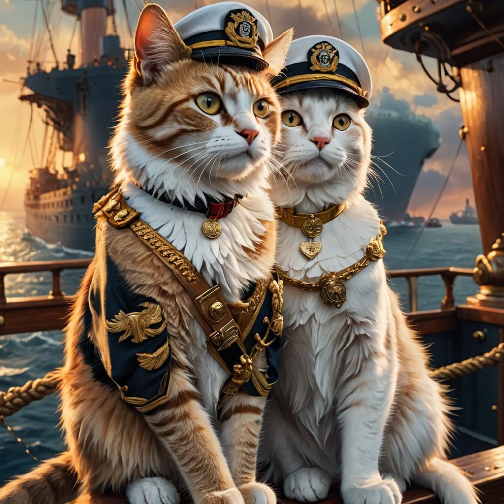 Cat and Parrot as Titanic Captains, Digital Art