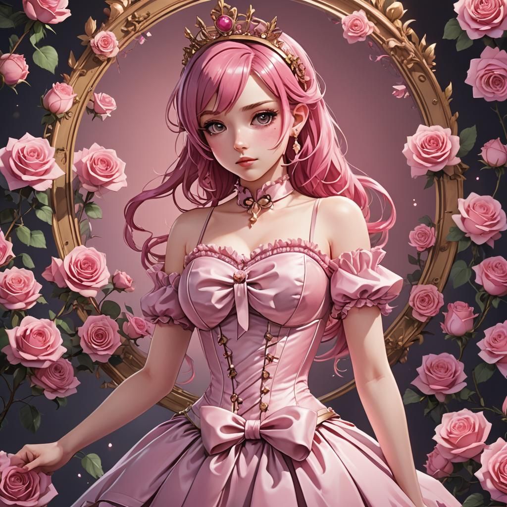Girl in Pink Corset Dress: Anime Cel-Shaded Art