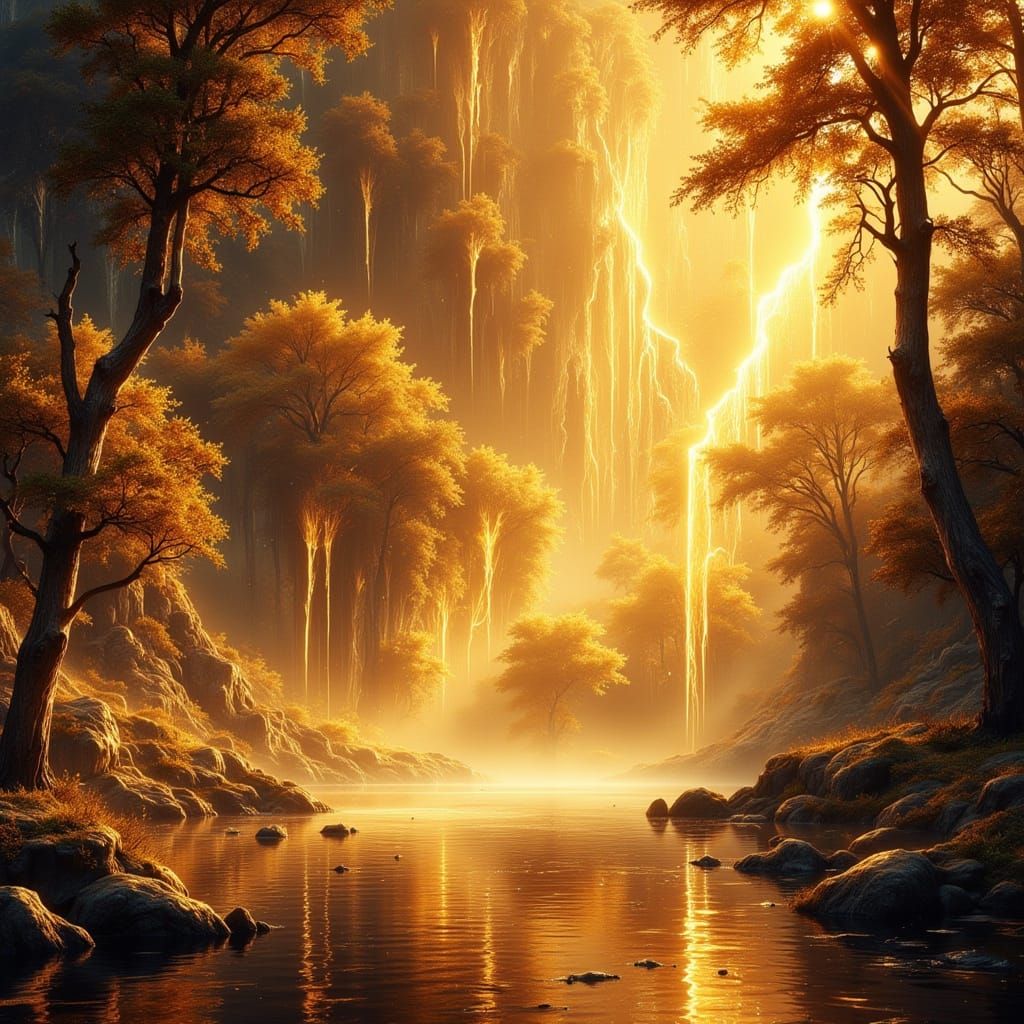 Golden Light Flux: A Magical Water Scene in Deep, Intricate ...
