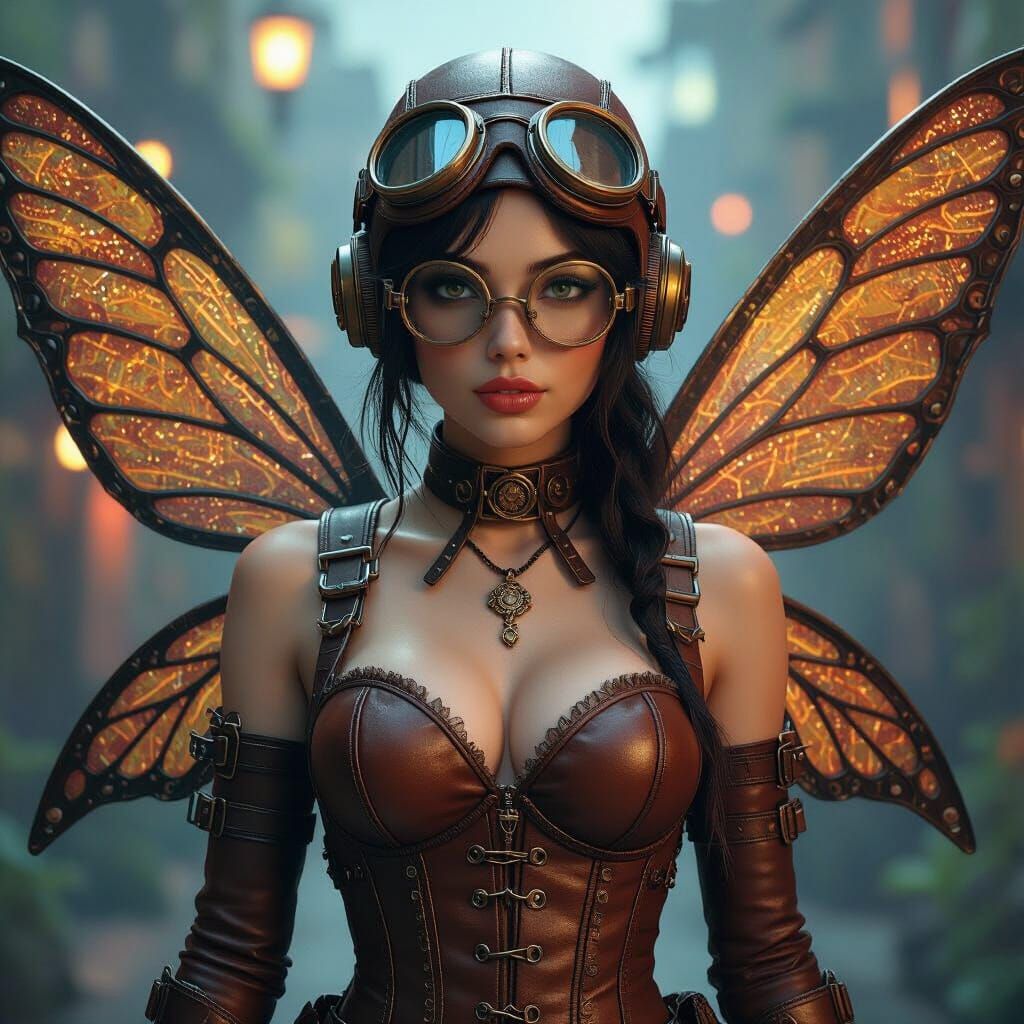 Steampunk Fairy with Metal Wings in Sci-Fi Landscape