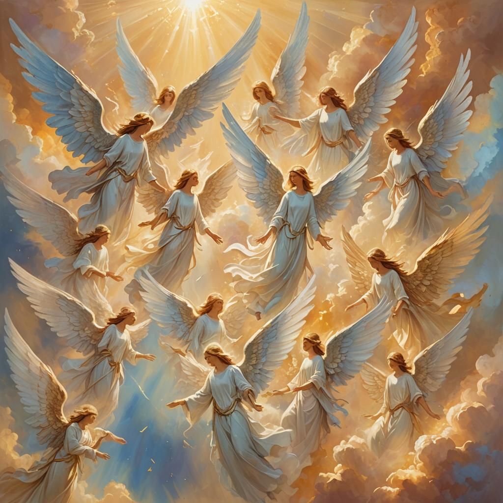 Angels in Divine Glory: Ethereal Oil Painting