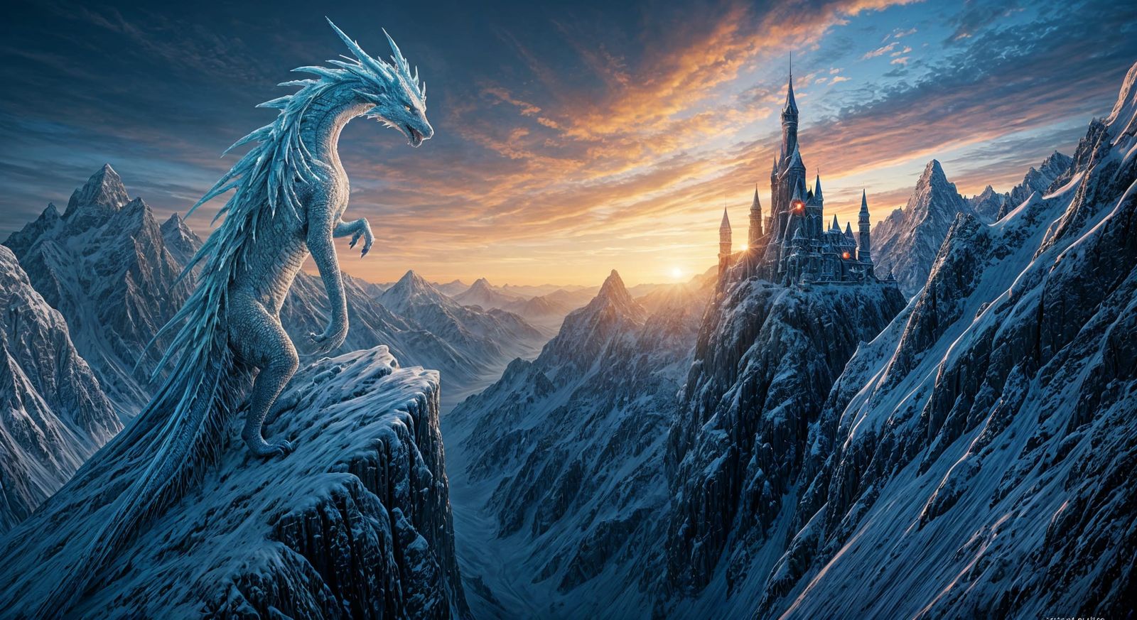 Hyperrealistic Ice Dragon Soars Above Frozen Castle in Snowy...