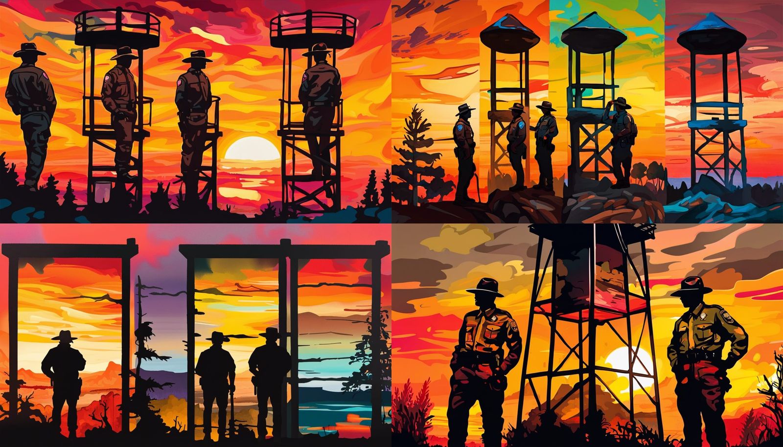 Park Rangers at Sunset: Graffiti Art Wallpaper