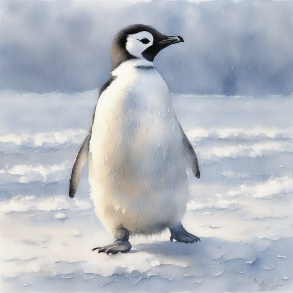 Fluffy Penguin Chick on Snowy Shoreline in Watercolor