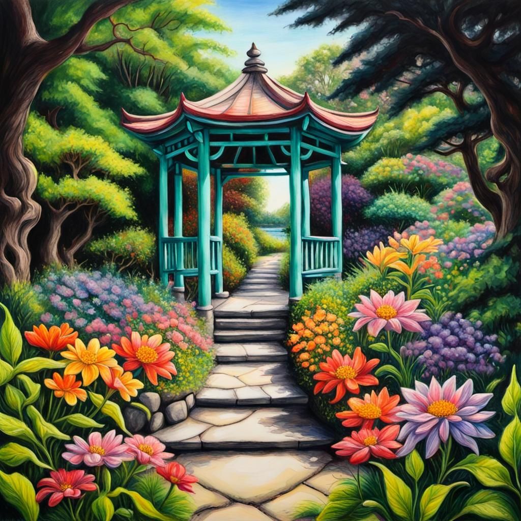 Whimsical Flowers to Japanese Gazebo: Oil Pastel Fantasy