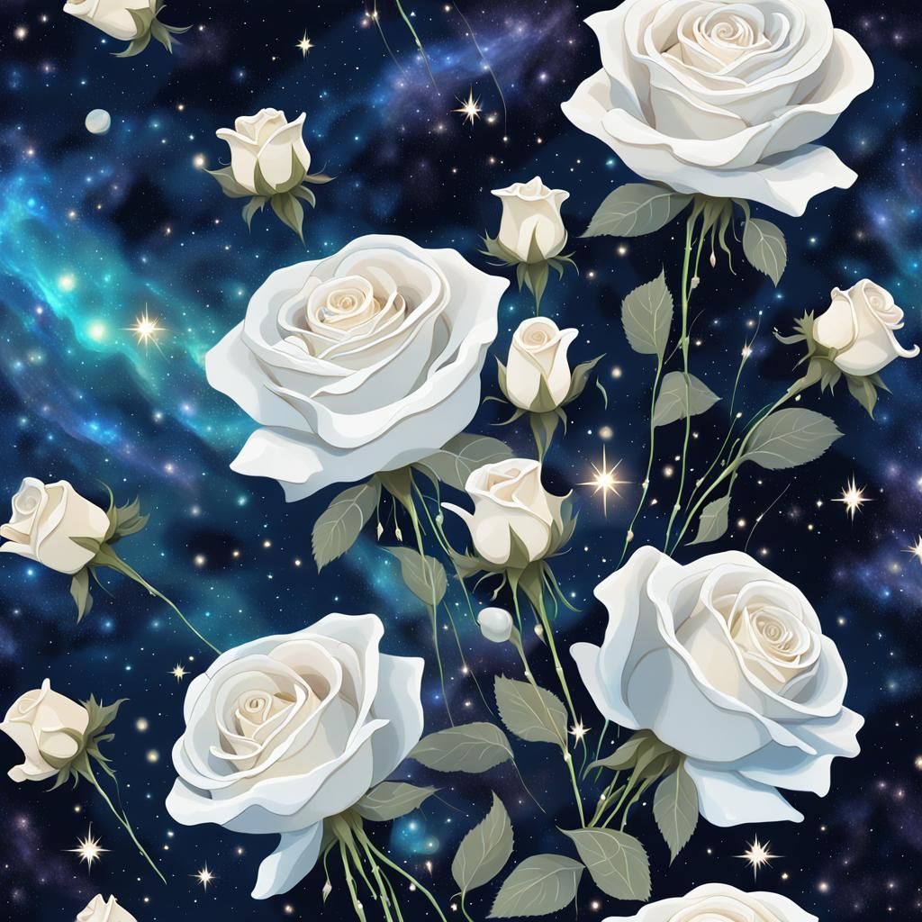Cosmic White Roses in Starry Night Sky