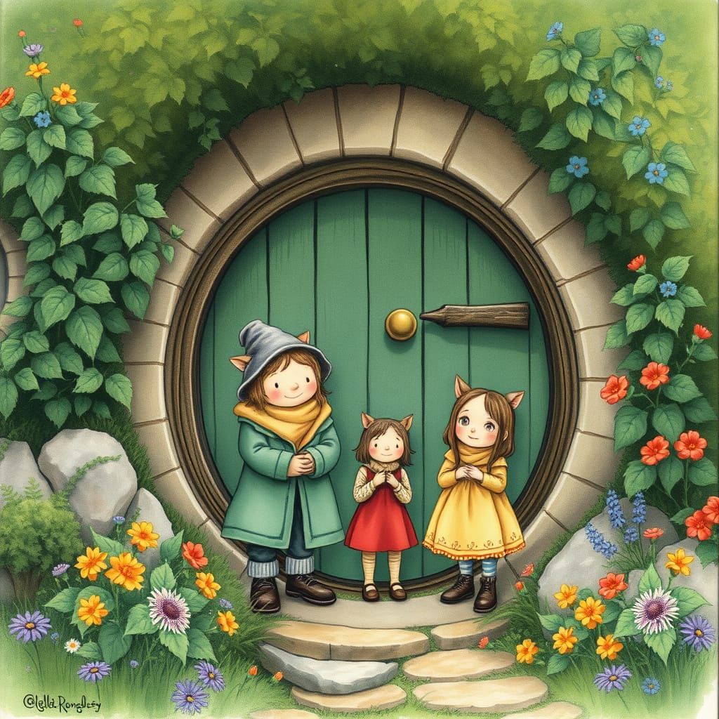 Hobbit Family in Quaint Village, Watercolour Illustration