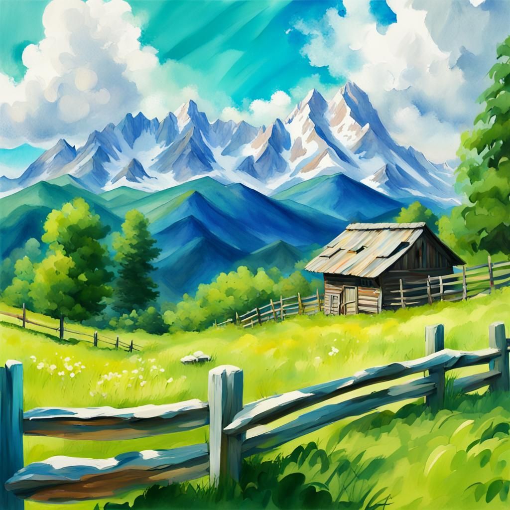 Mountain Meadow Hut in Impressionist Gouache Style