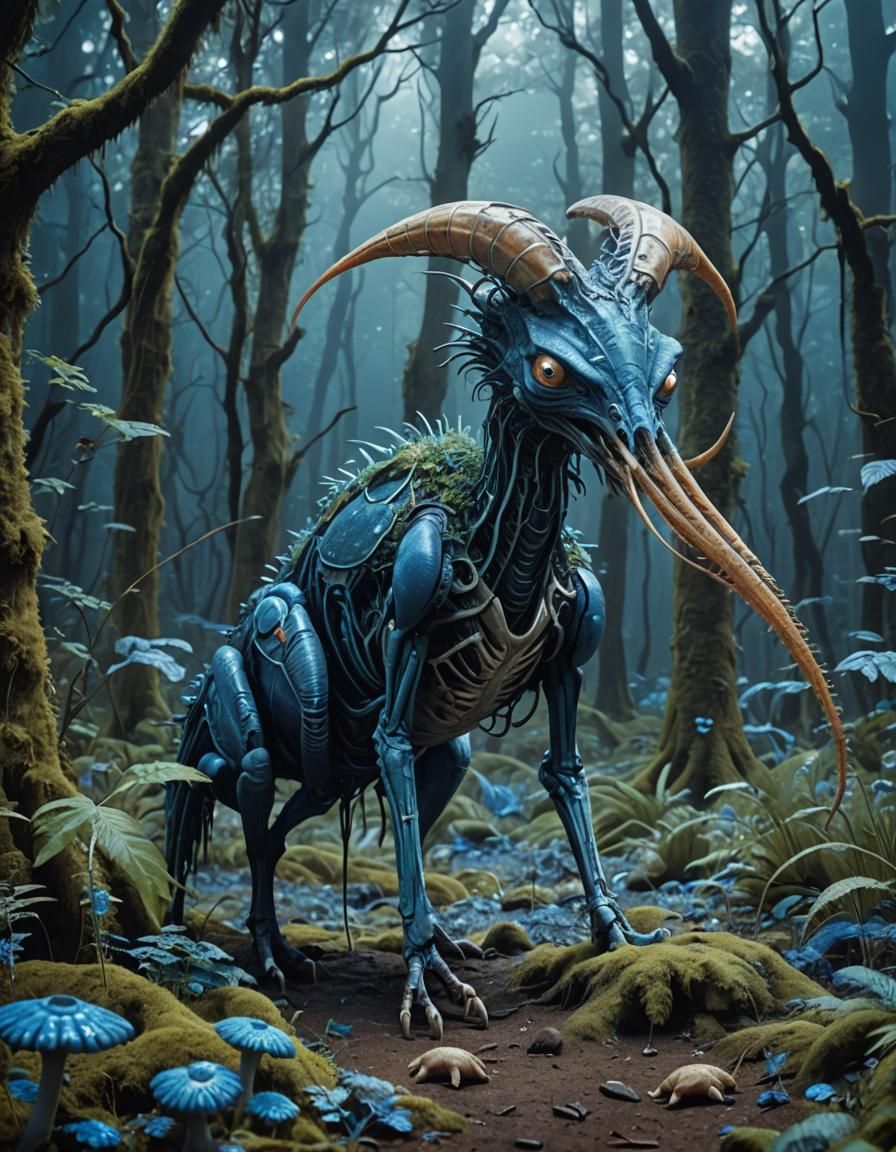 Extraterrestrial Creature Foraging in Alien Blue Forest
