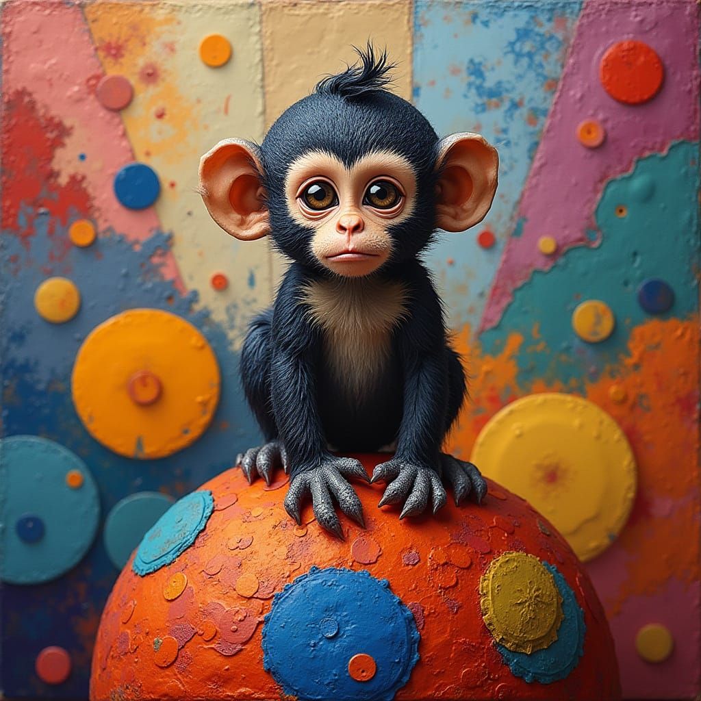 Miniature Monkey on Abstract Geometric Tapestry