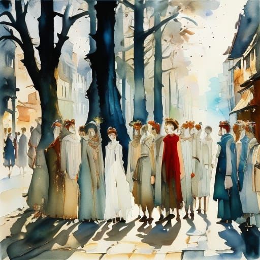 Whimsical Watercolour of Matchstick Figures on Street Corner
