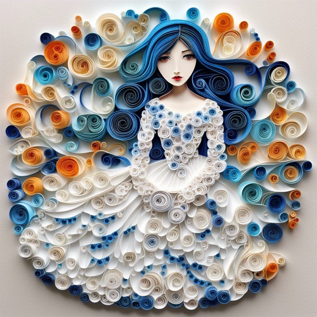Blue-Haired Girl in White Gown with Quilling Details