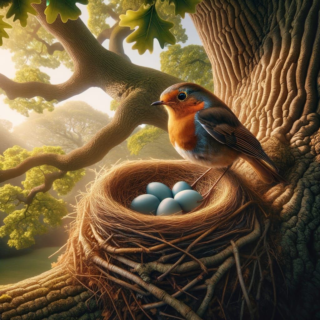 Robin Guarding Eggs in Oak Tree Nest