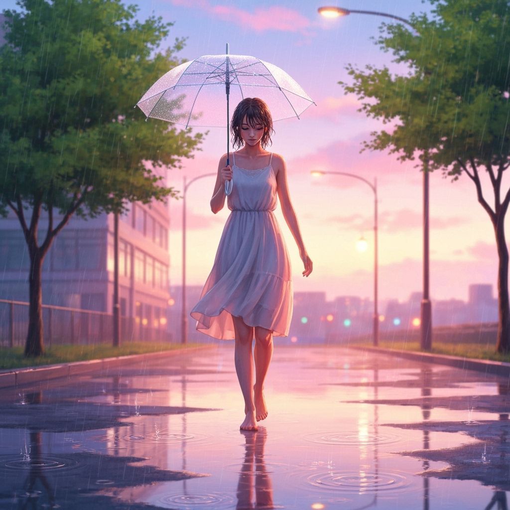 Woman Walks in Rainy Cityscape: Photorealistic AI Art