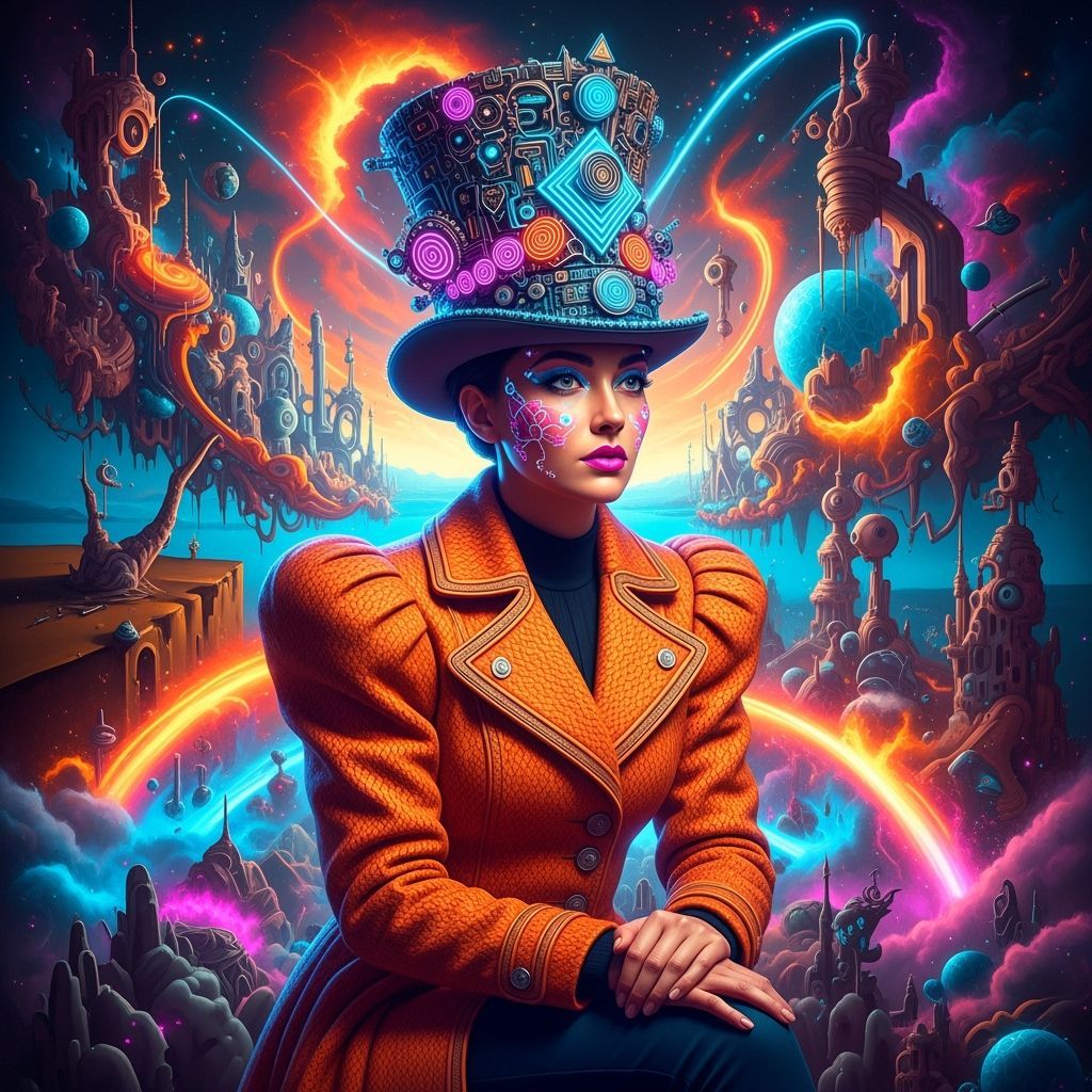 Surreal portrait, woman in an orange, textured coat and orna...