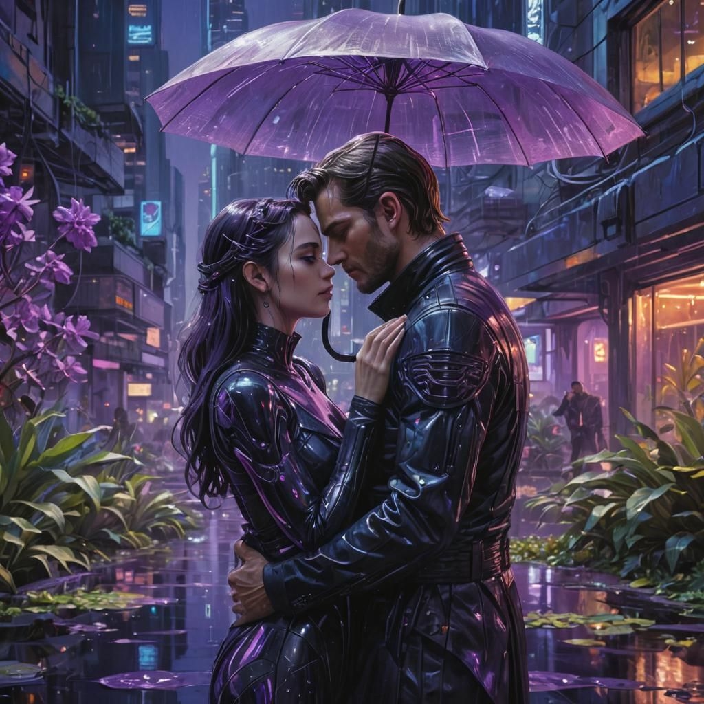 Romantic Cyberpunk Couple in Floating Garden