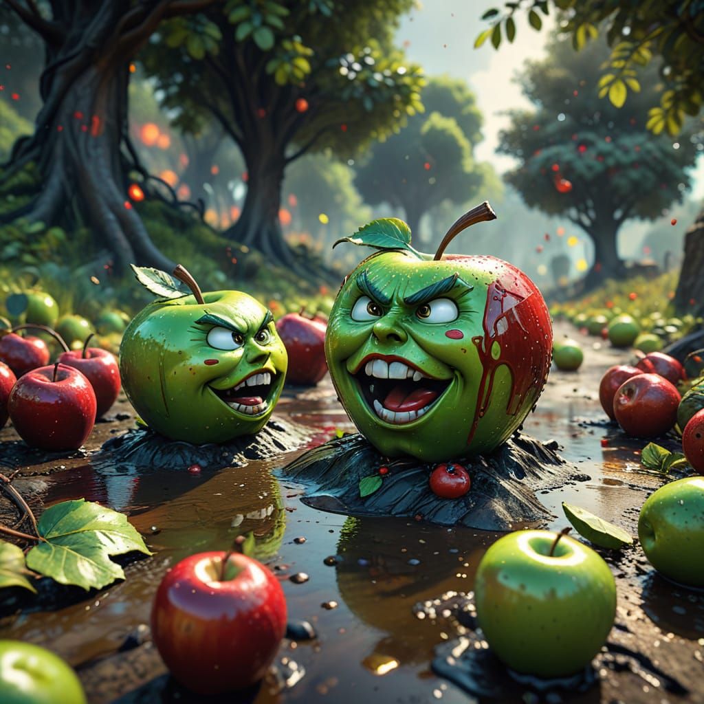 Angry Green Apples Face Happy Red Apples in Grove