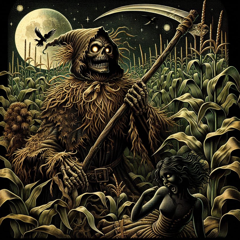 Menacing Scarecrow in Cornfield: A Dark Fantasy Scene