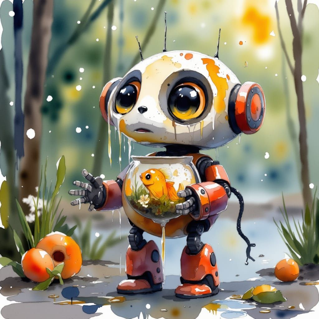 Cute Robot Holding a Fishbowl