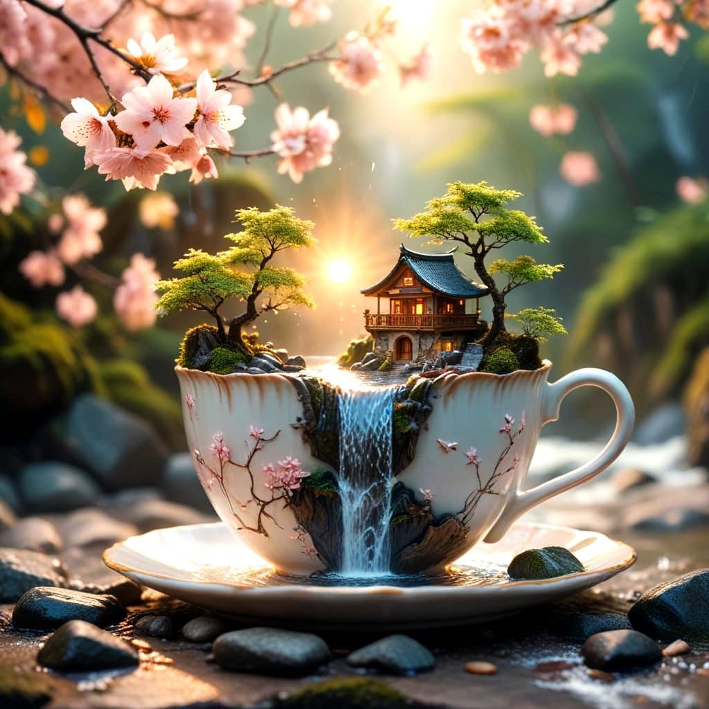 Surreal Japanese Village Under Sakura Blossoms