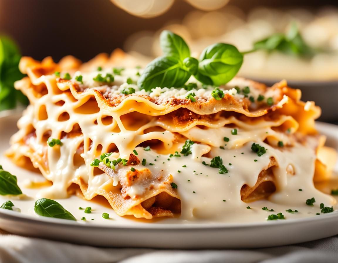 Macro Shot of Steaming Chicken Alfredo Lasagna