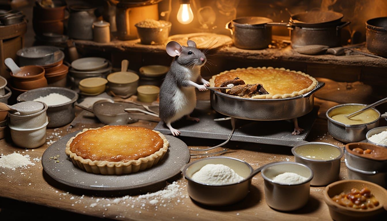 A mouse meticulously assembling a pie from flour and other i...