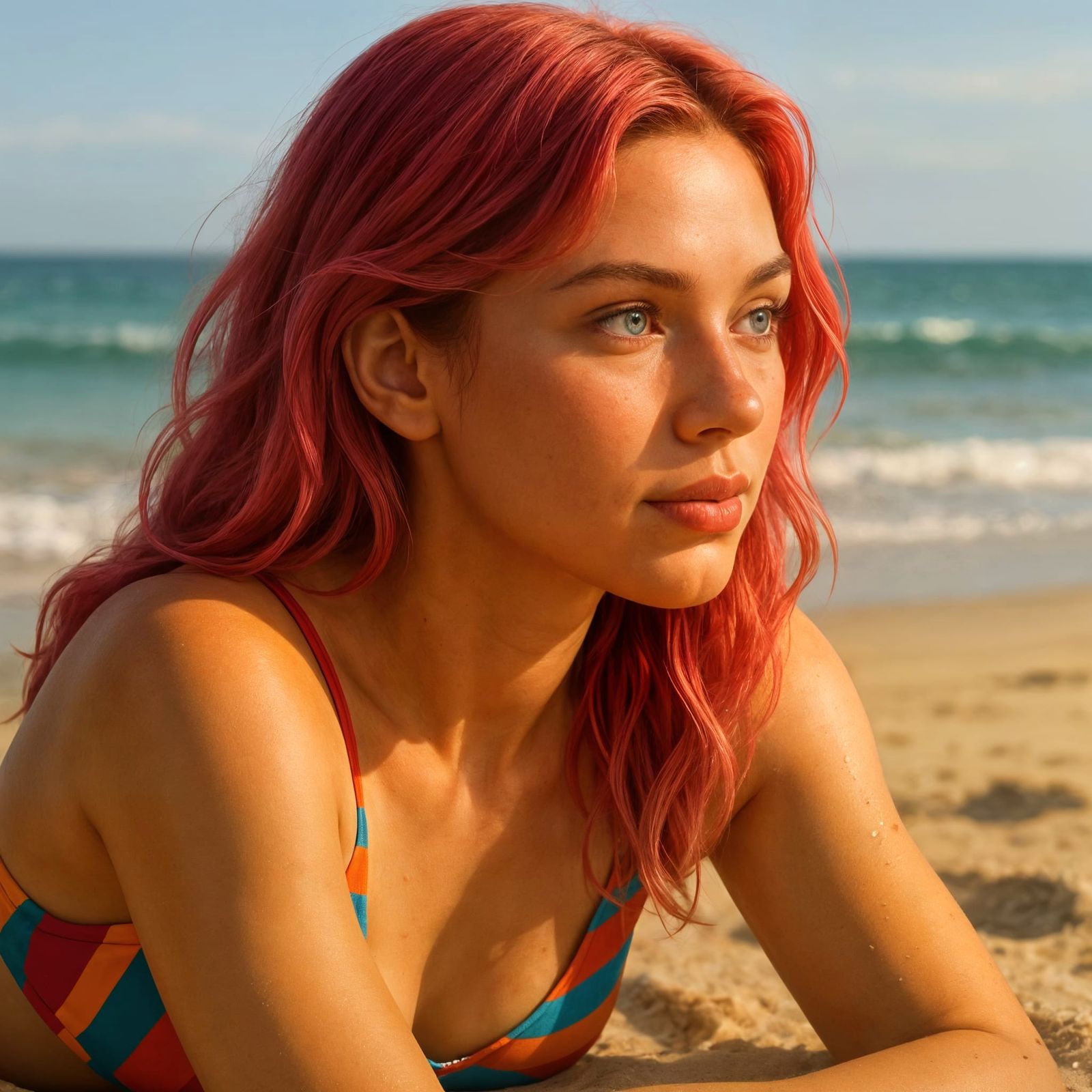 Hyperrealistic Portrait: Pink Hair, Azure Eyes on Beach