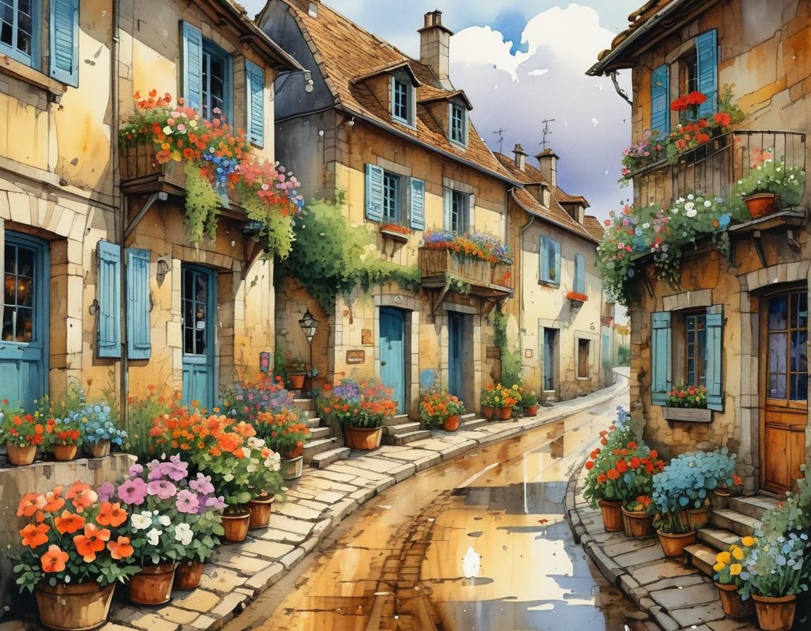 Charming French Street after Rain in Watercolor Style