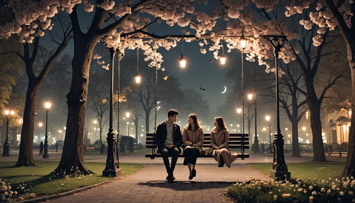 Romantic Couple on Swing in Moonlit Park