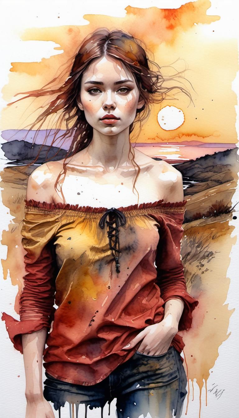 Fantasy Watercolor: Nordic Woman in Sunset Landscape