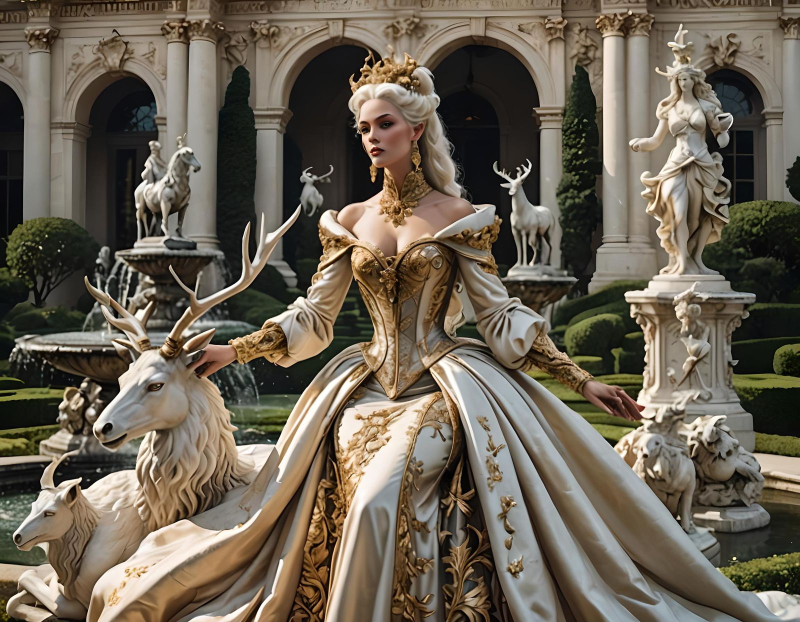 Baroque Fashion Icon and Stag in Opulent Garden