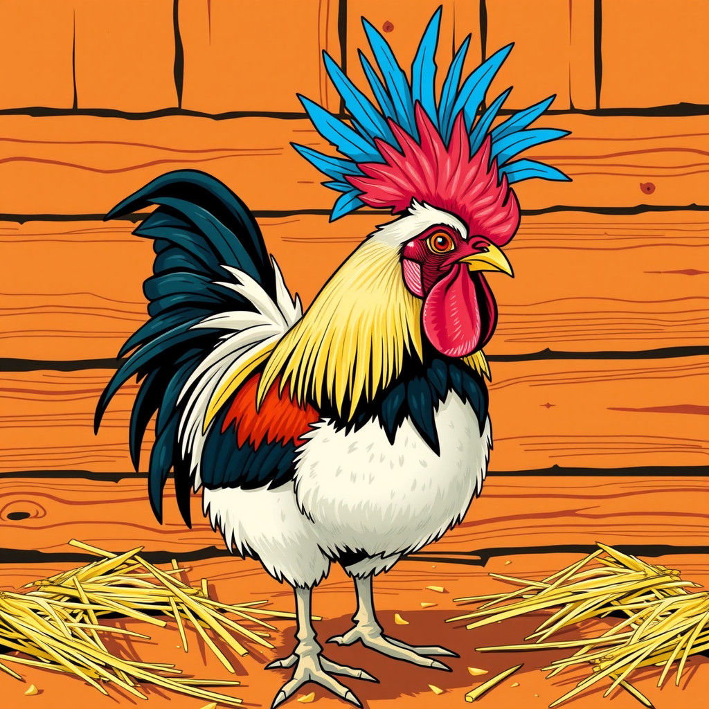 Rooster with Electric Blue Mohawk in Pop Art Style