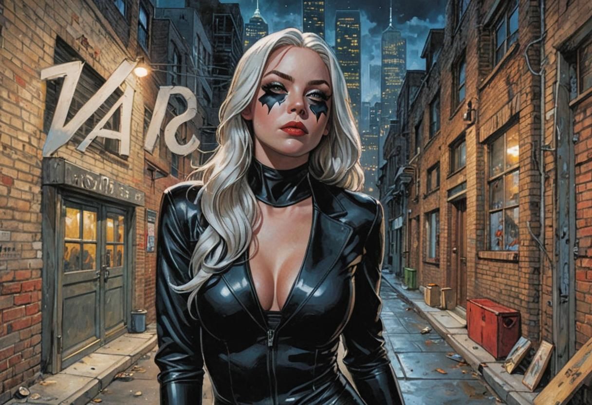 Black Cat in Dark Alleyway, Comic Book Art