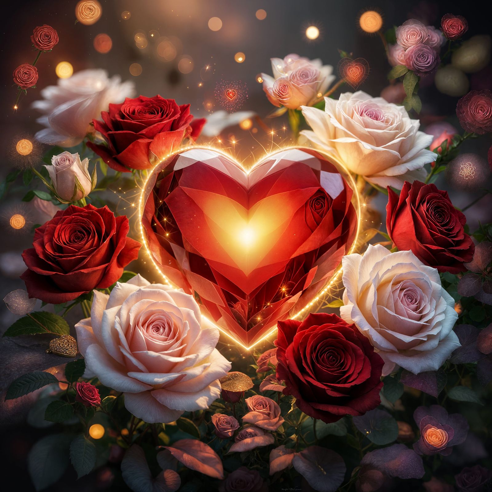 Glowing Red Heart and Roses in Romantic Fantasy Art