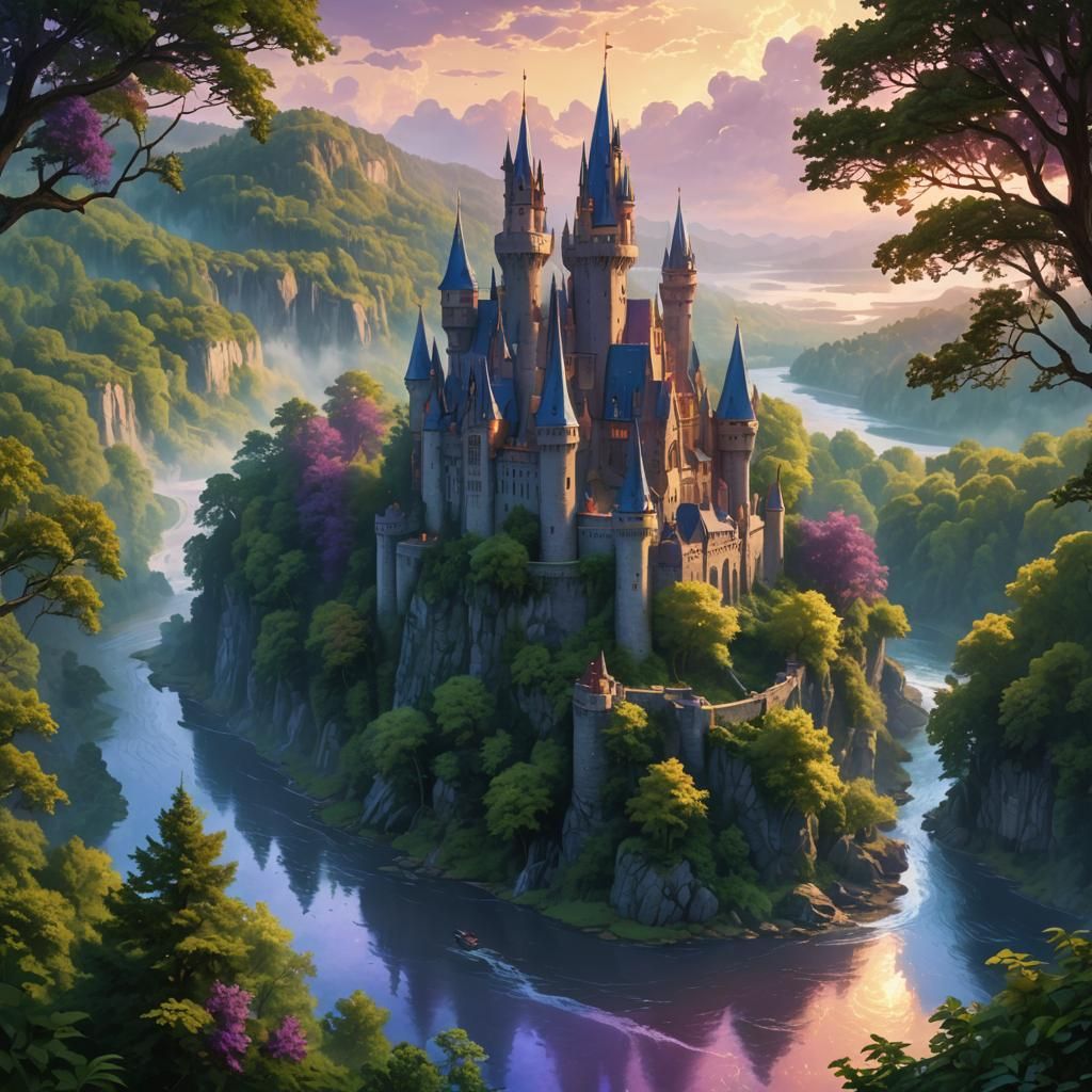 Fantastical Castle Amidst Lush Landscape, Detailed Matte Pai...